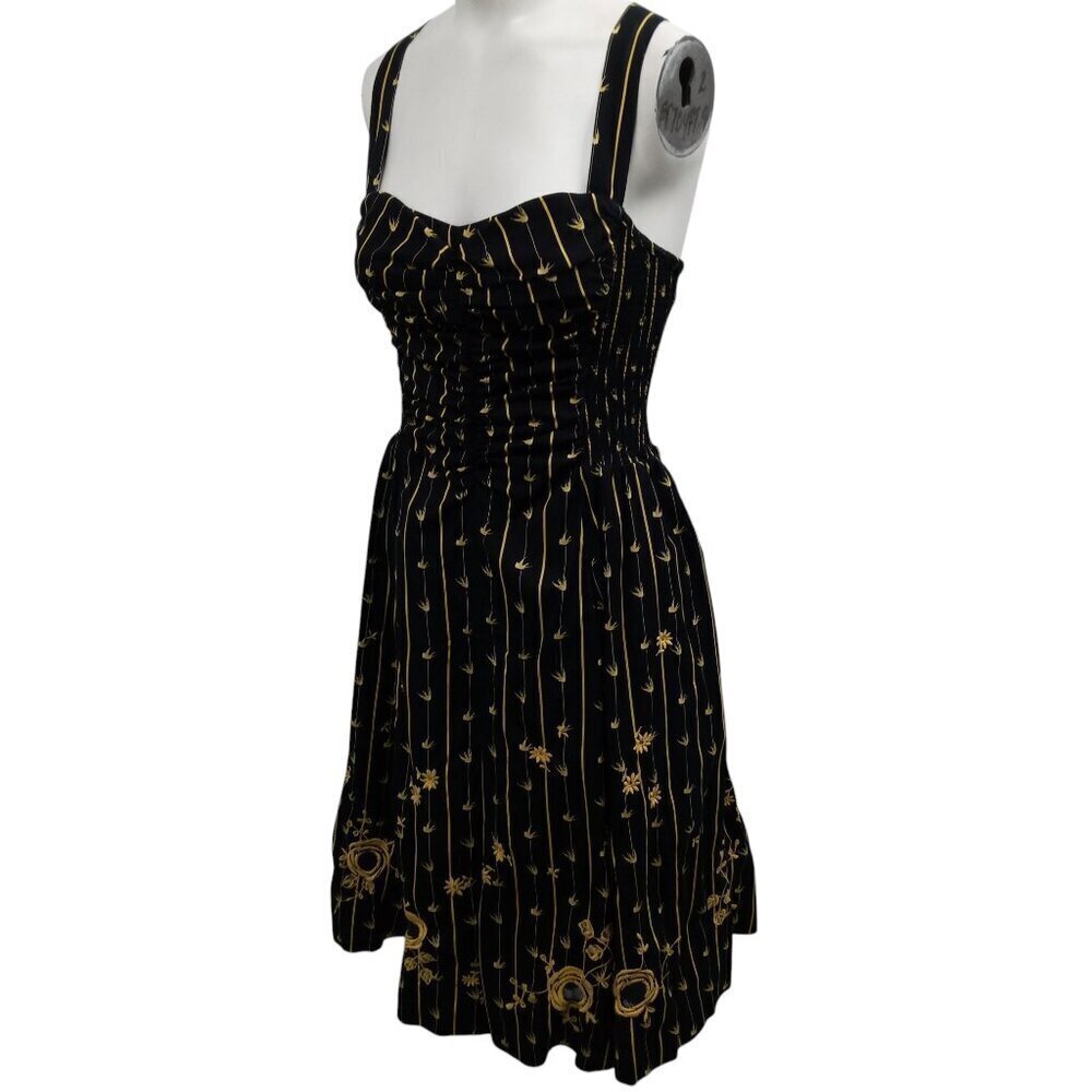 Moulinette Soeurs Retro Pinup Striped Embroidered Bird Dress Size 2 Anthro Black